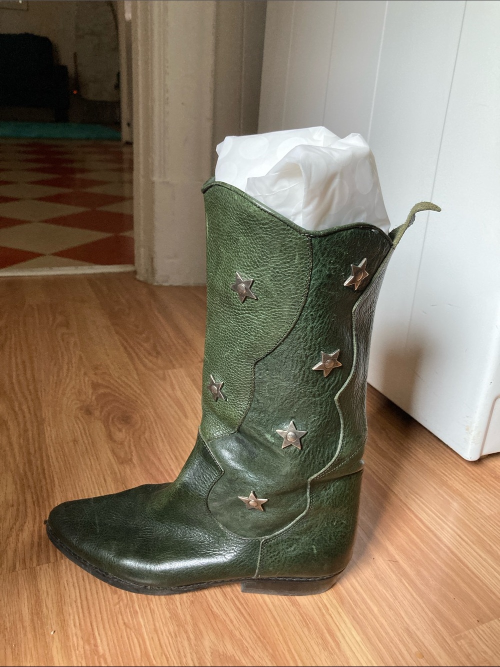 Arnold Churgin Dark Green Leather Slip On Star Embellishment Boots Women